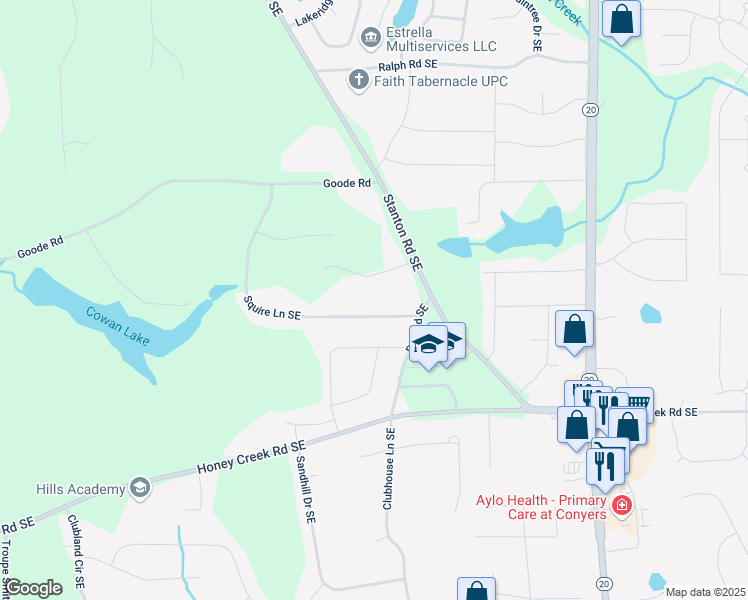map of restaurants, bars, coffee shops, grocery stores, and more near 3370 Squire Lane Southeast in Conyers