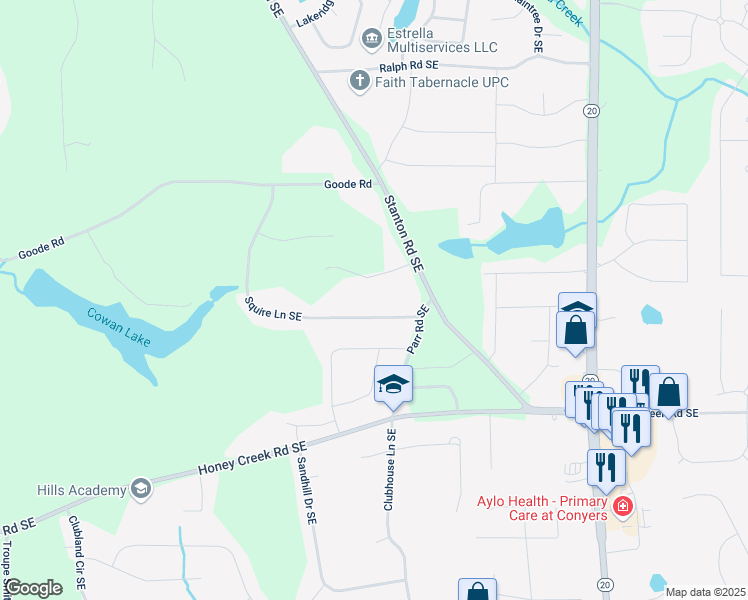 map of restaurants, bars, coffee shops, grocery stores, and more near 3370 Squire Lane Southeast in Conyers