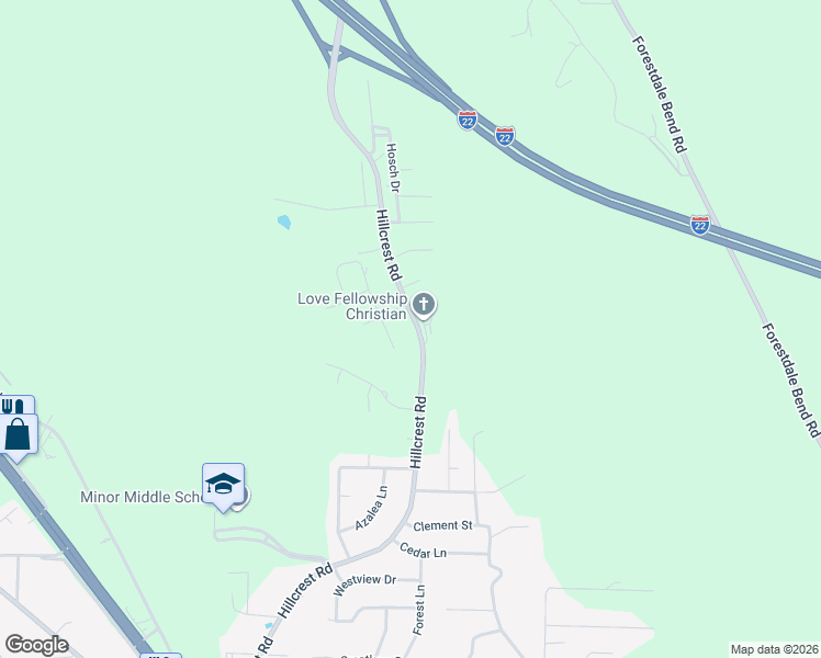 map of restaurants, bars, coffee shops, grocery stores, and more near 1139 Hillcrest Road in Adamsville