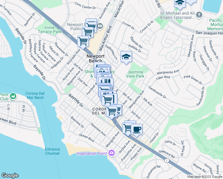 map of restaurants, bars, coffee shops, grocery stores, and more near 2950 3rd Avenue in Newport Beach