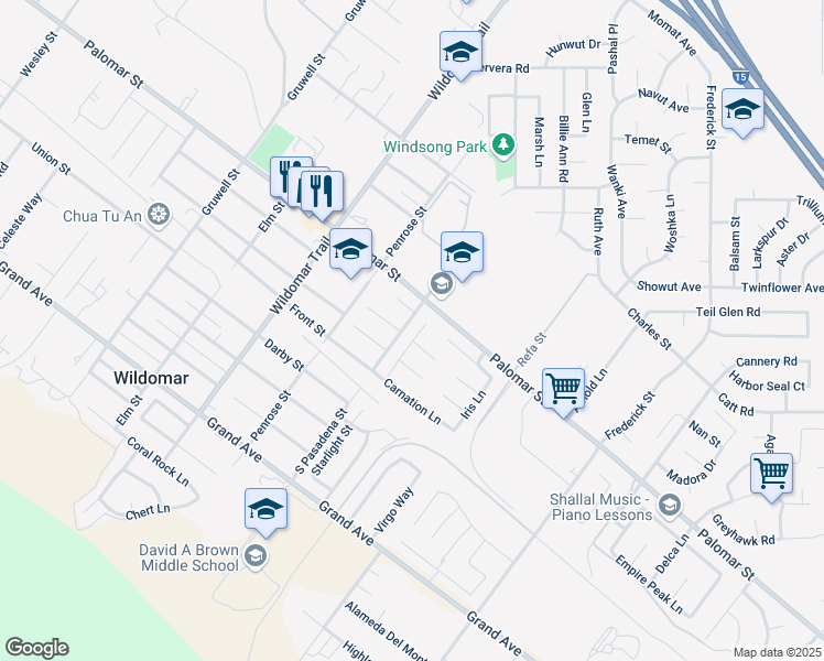 map of restaurants, bars, coffee shops, grocery stores, and more near 32553 Dahlia Lane in Wildomar