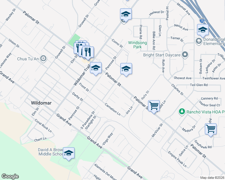 map of restaurants, bars, coffee shops, grocery stores, and more near 32553 Dahlia Lane in Wildomar