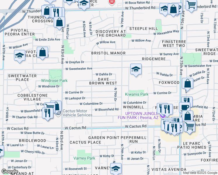 map of restaurants, bars, coffee shops, grocery stores, and more near 7937 West Windrose Drive in Peoria