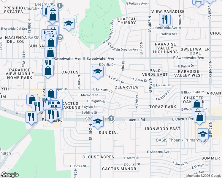 map of restaurants, bars, coffee shops, grocery stores, and more near 2517 East Larkspur Drive in Phoenix