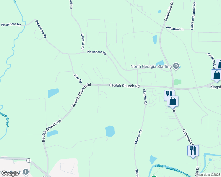 map of restaurants, bars, coffee shops, grocery stores, and more near 740 Beulah Church Road in Carrollton