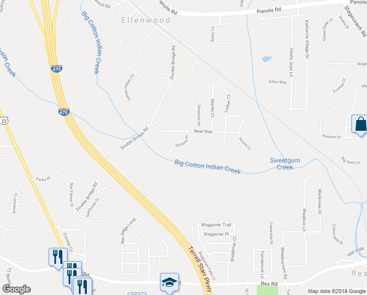 map of restaurants, bars, coffee shops, grocery stores, and more near 5570 Victoria Place in Ellenwood