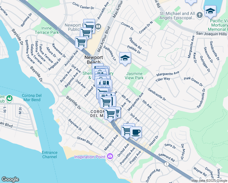 map of restaurants, bars, coffee shops, grocery stores, and more near 617 Iris Avenue in Newport Beach