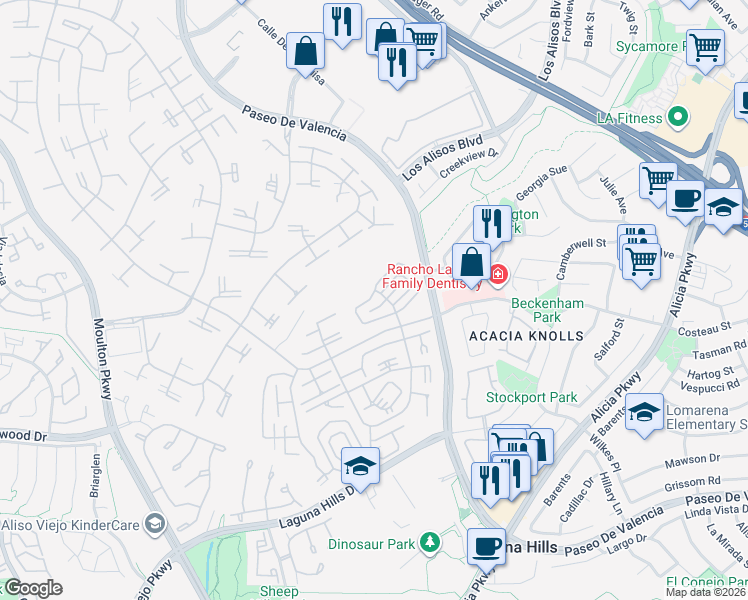 map of restaurants, bars, coffee shops, grocery stores, and more near 633 Avenida Sevilla in Laguna Woods