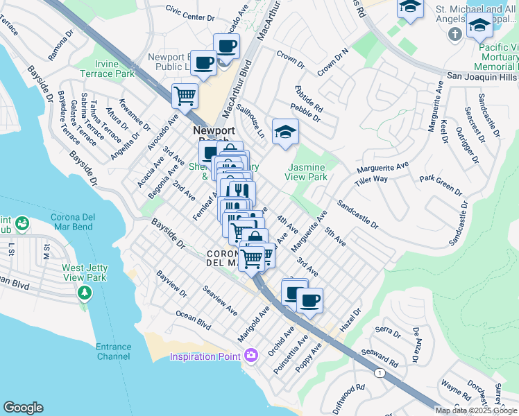 map of restaurants, bars, coffee shops, grocery stores, and more near 617 Iris Avenue in Newport Beach