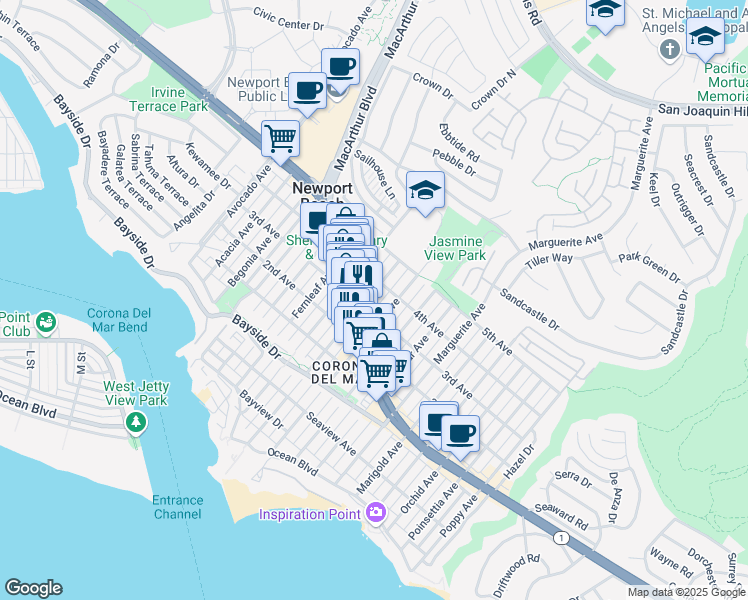 map of restaurants, bars, coffee shops, grocery stores, and more near 608 Heliotrope Avenue in Newport Beach