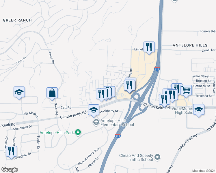 map of restaurants, bars, coffee shops, grocery stores, and more near 35840 Satterlie Lane in Murrieta