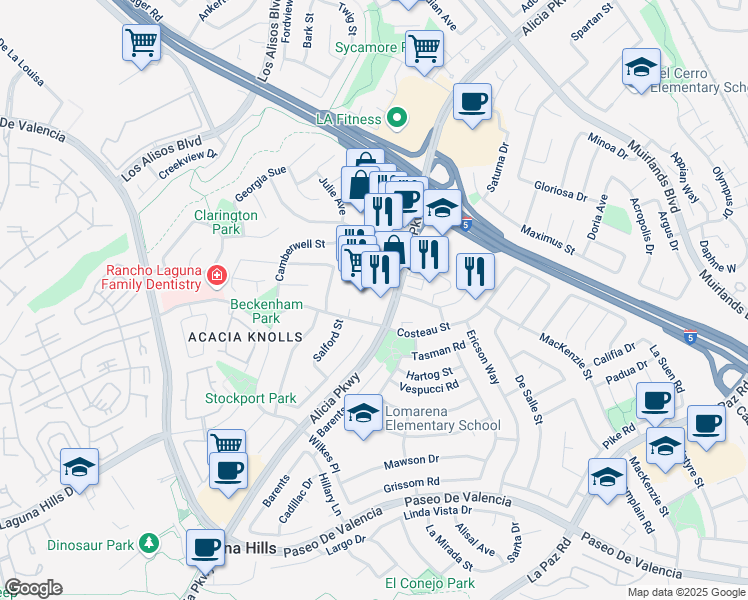 map of restaurants, bars, coffee shops, grocery stores, and more near 24881 Alicia Parkway in Laguna Hills