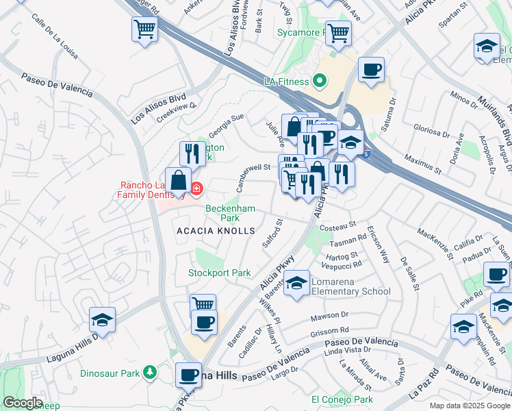 map of restaurants, bars, coffee shops, grocery stores, and more near 24872 Costeau Street in Laguna Hills