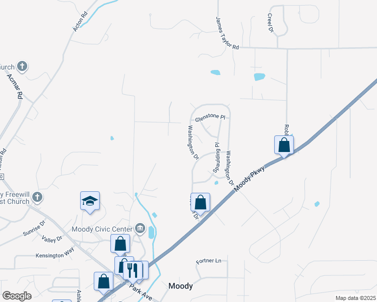 map of restaurants, bars, coffee shops, grocery stores, and more near 1304 Washington Drive in Moody
