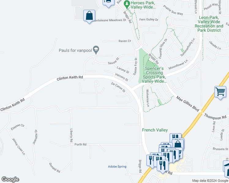 map of restaurants, bars, coffee shops, grocery stores, and more near 35808 Chalet Court in Murrieta