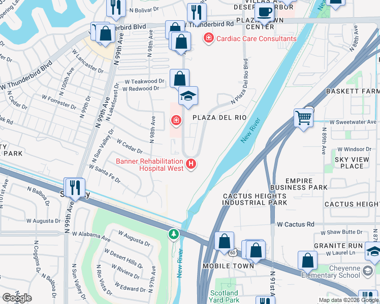 map of restaurants, bars, coffee shops, grocery stores, and more near 12800 North 93rd Drive in Peoria