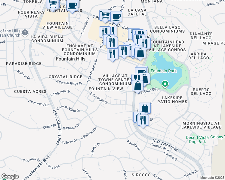 map of restaurants, bars, coffee shops, grocery stores, and more near 16820 East El Lago Boulevard in Fountain Hills