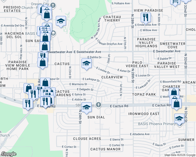 map of restaurants, bars, coffee shops, grocery stores, and more near 2517 East Larkspur Drive in Phoenix