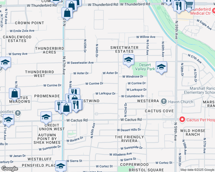 map of restaurants, bars, coffee shops, grocery stores, and more near 6314 West Larkspur Drive in Glendale