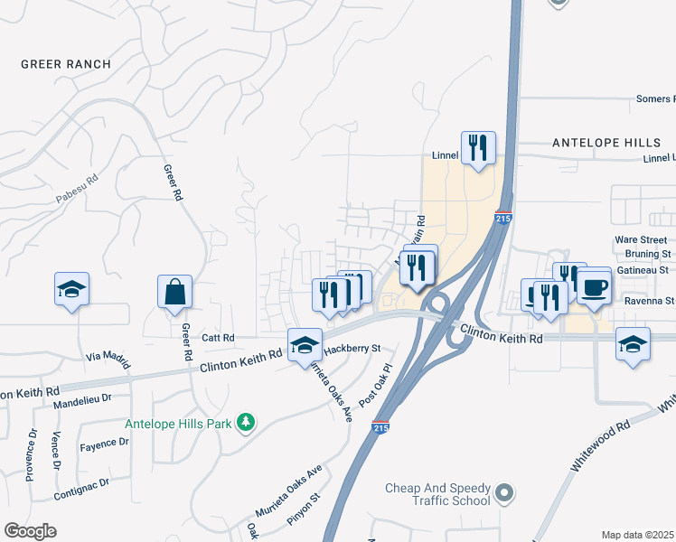 map of restaurants, bars, coffee shops, grocery stores, and more near 27441 Sierra Lane in Murrieta