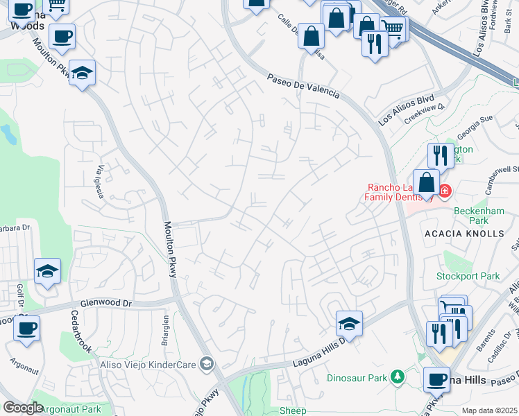 map of restaurants, bars, coffee shops, grocery stores, and more near 572 Avenida Sevilla in Laguna Woods
