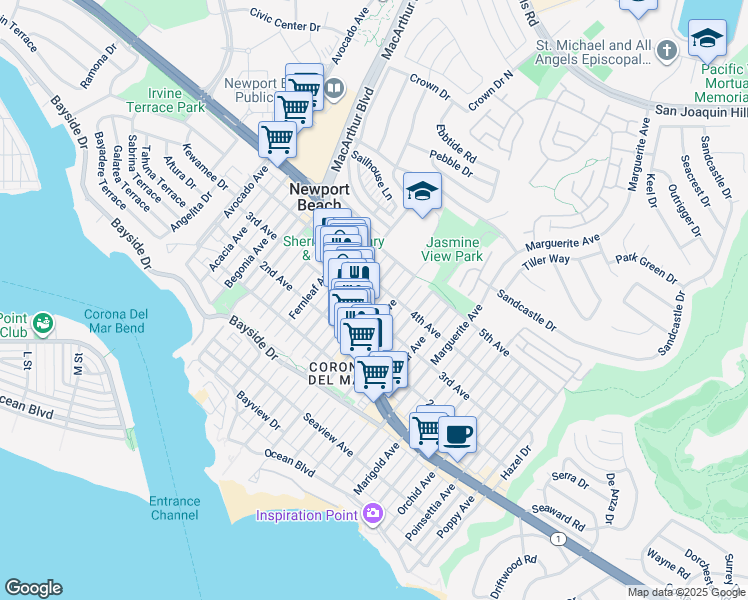 map of restaurants, bars, coffee shops, grocery stores, and more near 2950 3rd Avenue in Newport Beach