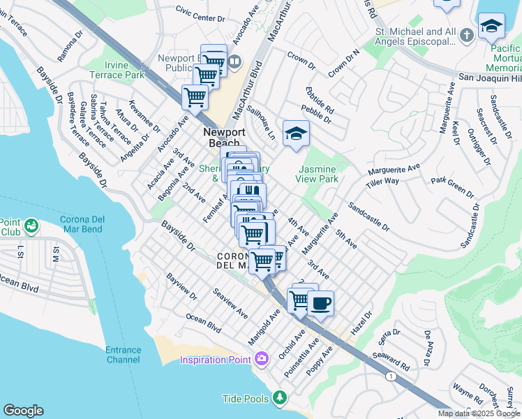 map of restaurants, bars, coffee shops, grocery stores, and more near 2950 3rd Avenue in Newport Beach