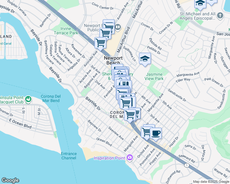 map of restaurants, bars, coffee shops, grocery stores, and more near 512 Goldenrod Avenue in Newport Beach