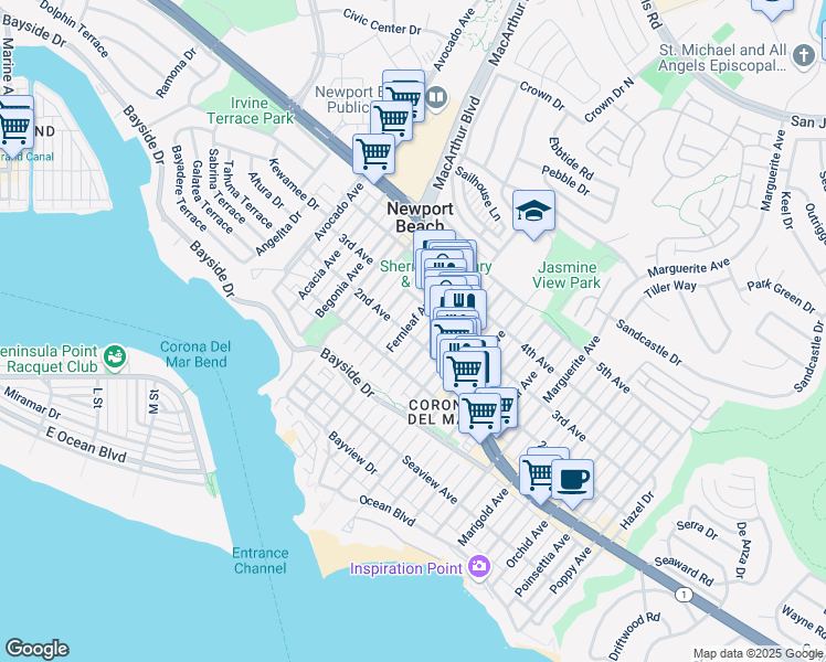 map of restaurants, bars, coffee shops, grocery stores, and more near 432 1/2 Fernleaf Avenue in Newport Beach