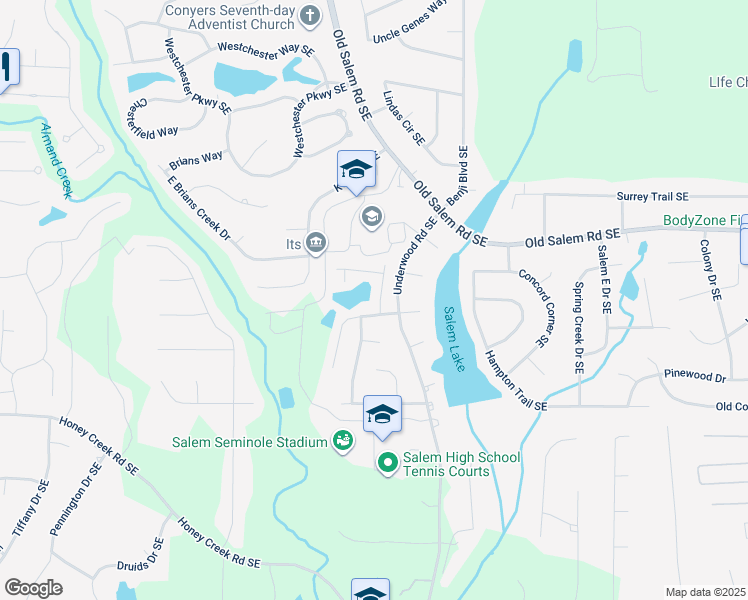 map of restaurants, bars, coffee shops, grocery stores, and more near 1686 Salem Woods Drive Southeast in Conyers