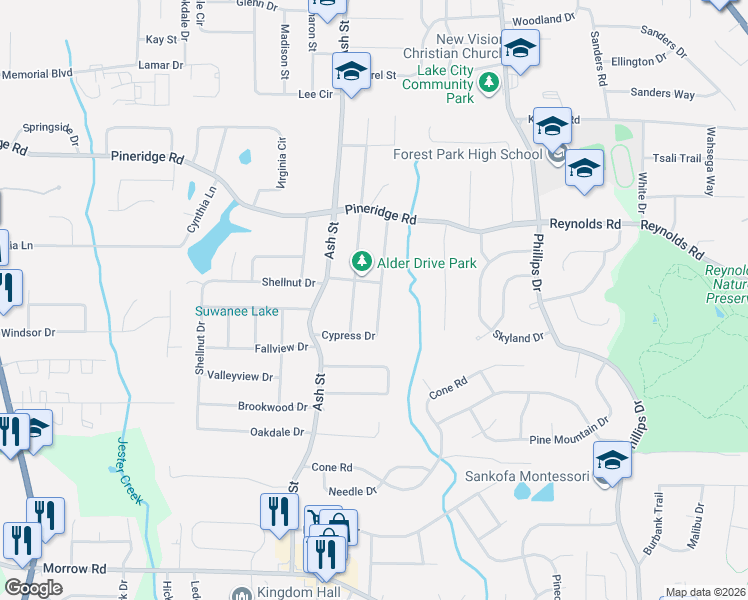 map of restaurants, bars, coffee shops, grocery stores, and more near 5658 Alder Drive in Forest Park