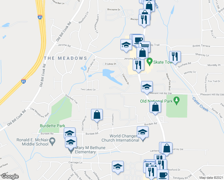 map of restaurants, bars, coffee shops, grocery stores, and more near 1511 Camelot Drive in College Park