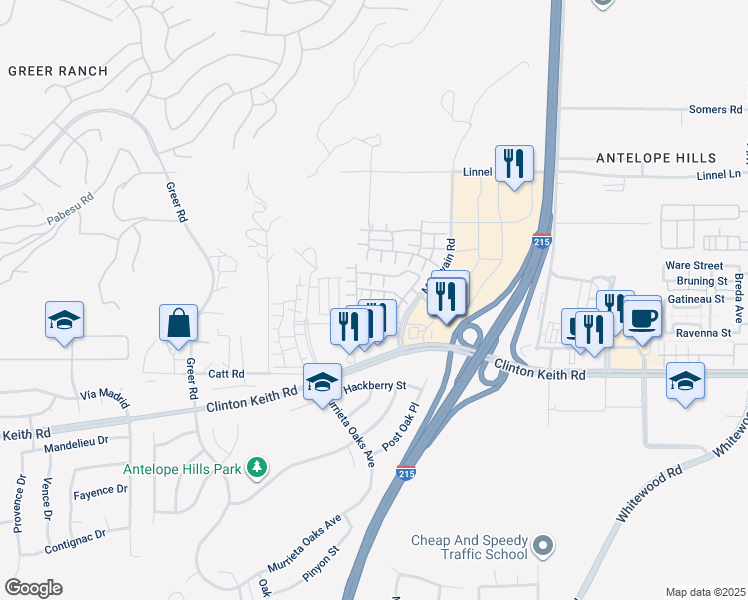 map of restaurants, bars, coffee shops, grocery stores, and more near 35840 Satterlie Lane in Murrieta