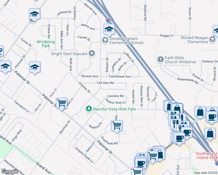map of restaurants, bars, coffee shops, grocery stores, and more near 23062 Empire Penguin Road in Wildomar
