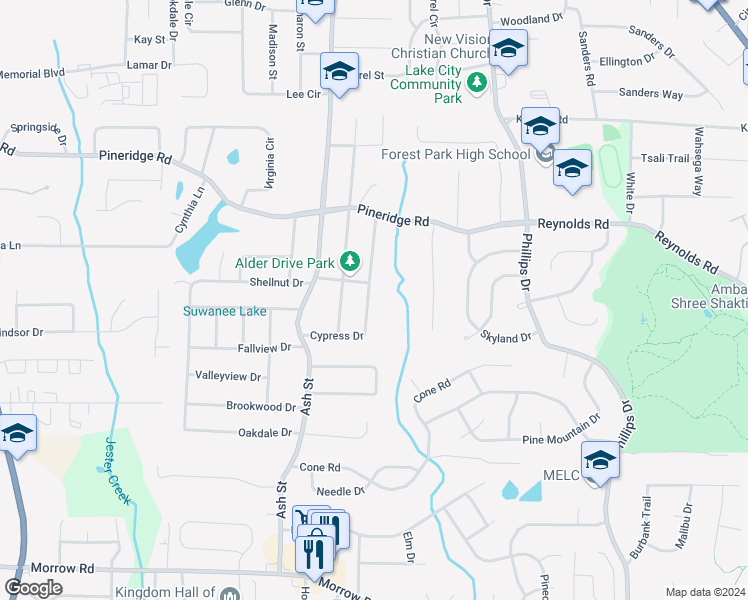 map of restaurants, bars, coffee shops, grocery stores, and more near 5632 Cypress Drive in Forest Park