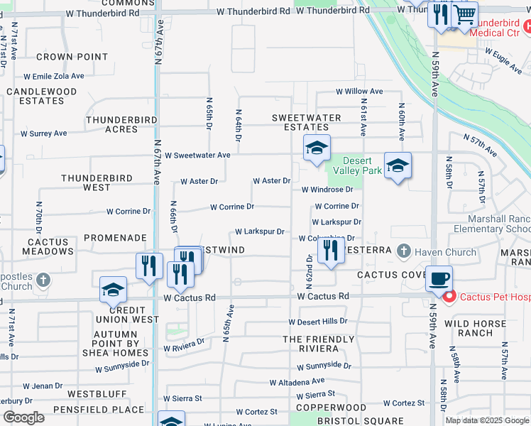 map of restaurants, bars, coffee shops, grocery stores, and more near 6314 West Larkspur Drive in Glendale