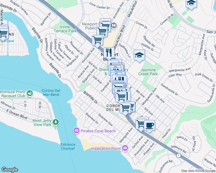 map of restaurants, bars, coffee shops, grocery stores, and more near 502 Fernleaf Avenue in Newport Beach