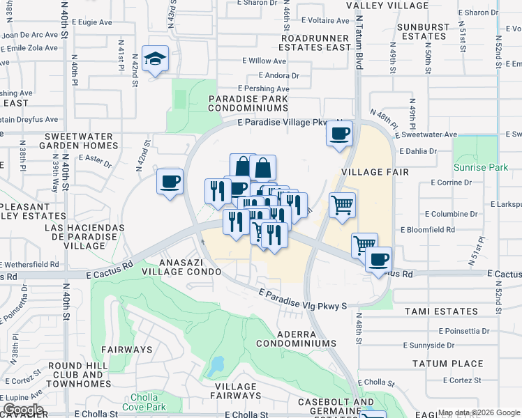 map of restaurants, bars, coffee shops, grocery stores, and more near Paradise Valley Mall Loop in Paradise Valley
