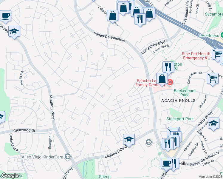 map of restaurants, bars, coffee shops, grocery stores, and more near 580 Avenida Majorca in Laguna Woods