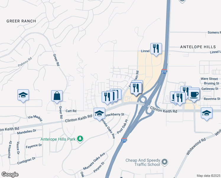 map of restaurants, bars, coffee shops, grocery stores, and more near 35848 Lajune Street in Murrieta