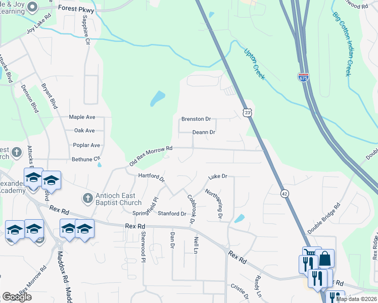 map of restaurants, bars, coffee shops, grocery stores, and more near 5666 Black Berry Row in Ellenwood