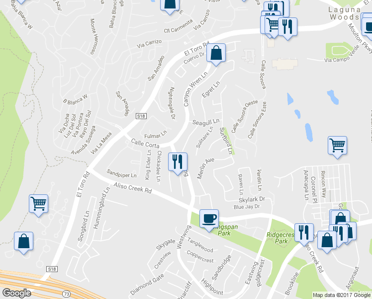 map of restaurants, bars, coffee shops, grocery stores, and more near 35 Blackbird Lane in Aliso Viejo