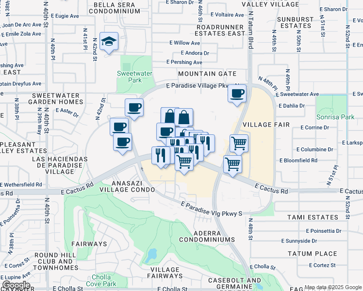 map of restaurants, bars, coffee shops, grocery stores, and more near Paradise Valley Mall Loop in Phoenix