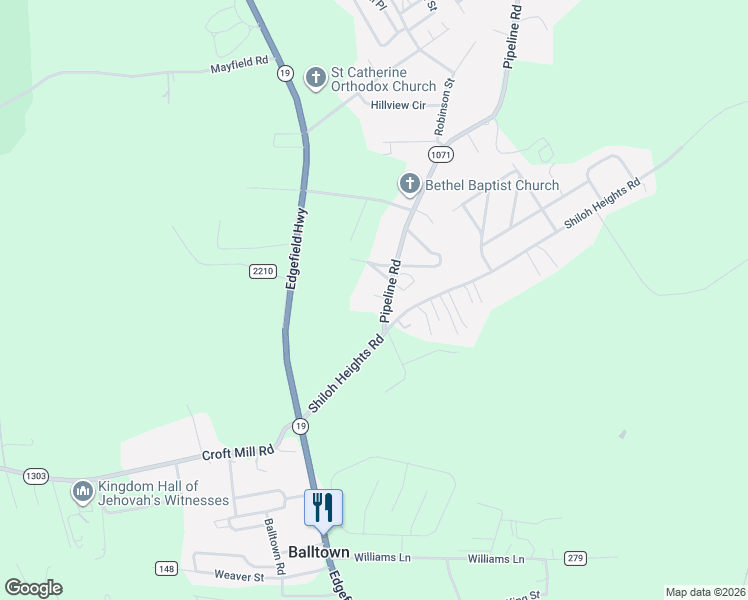 map of restaurants, bars, coffee shops, grocery stores, and more near 243 Shiloh Heights Road in Aiken