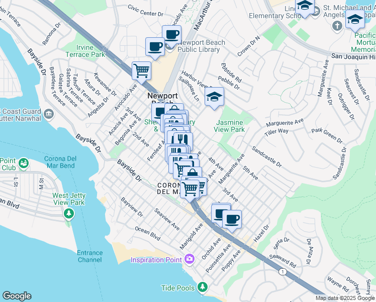 map of restaurants, bars, coffee shops, grocery stores, and more near 608 Heliotrope Avenue in Newport Beach
