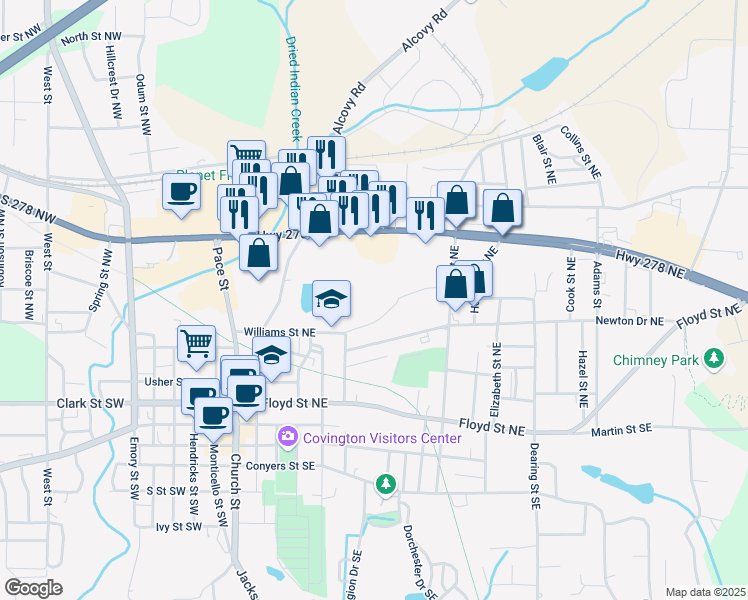 map of restaurants, bars, coffee shops, grocery stores, and more near 2109 Newton Drive Northeast in Covington