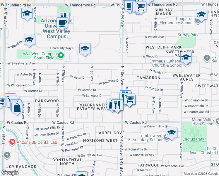 map of restaurants, bars, coffee shops, grocery stores, and more near 4409 West Corrine Drive in Glendale