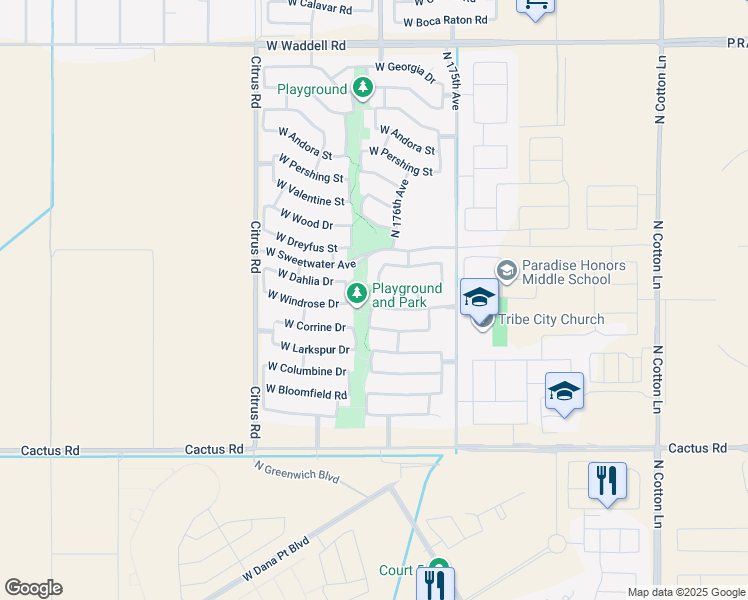 map of restaurants, bars, coffee shops, grocery stores, and more near 17645 West Windrose Drive in Surprise