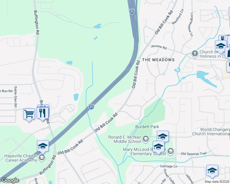 map of restaurants, bars, coffee shops, grocery stores, and more near 5735 Old Bill Cook Road in College Park