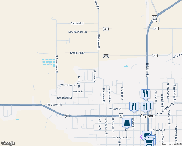 map of restaurants, bars, coffee shops, grocery stores, and more near 1204 North Park Street in Seymour